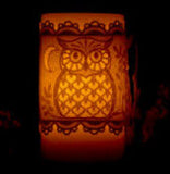 E519 Owl 3" Flameless Candle Corset, Coaster/Ornament Bundle (all 3 designs) $16, E519 3" Flamesless Candle Corset $12 or E519a Coasters/Ornaments$8